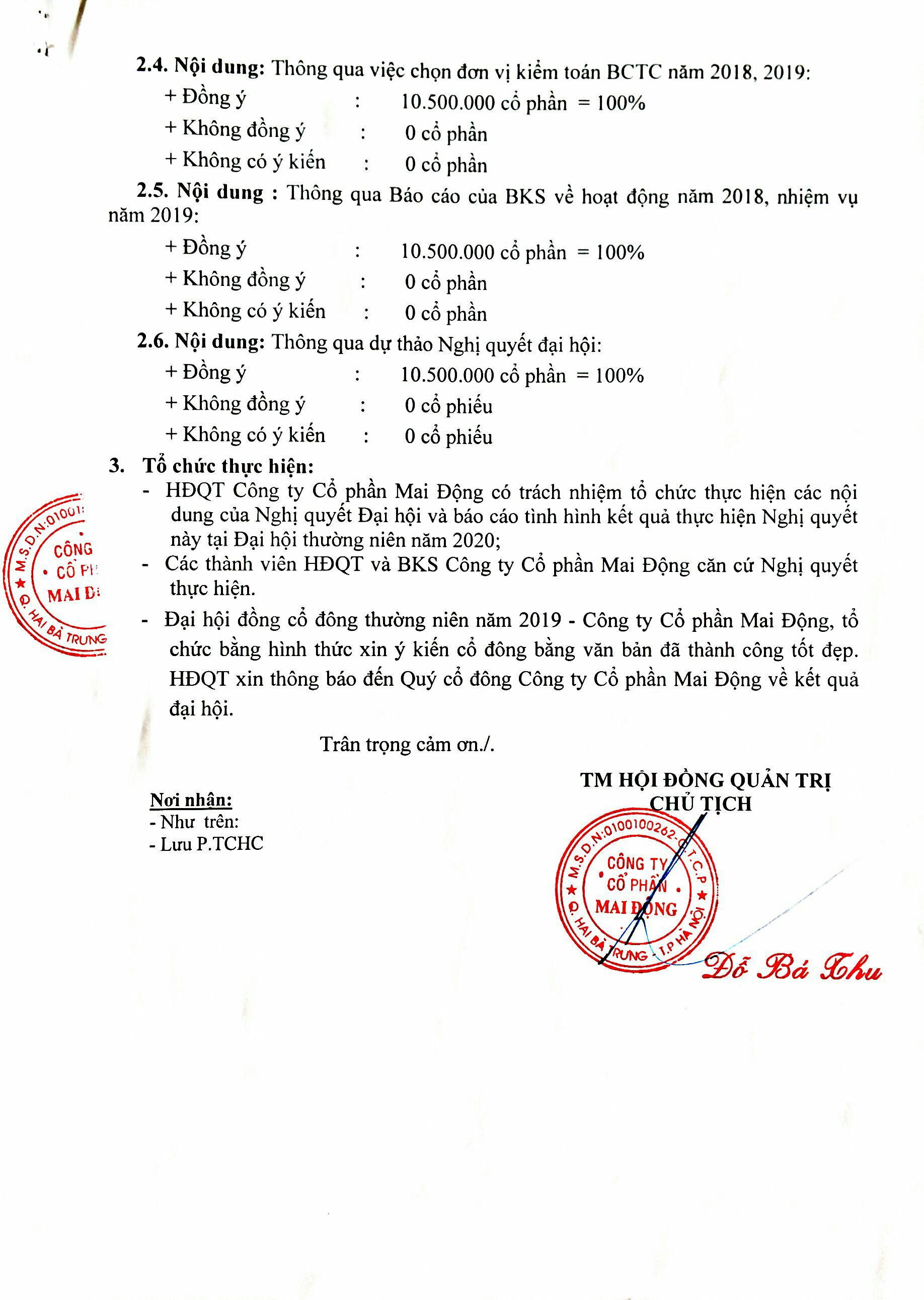 Thông báo về kết quả Đại hội đồng cổ đông thường niên 2019