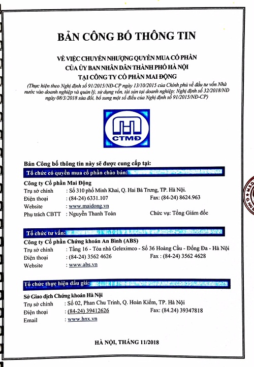 Việc chuyển nhượng quyền mua cổ phần của UBND TP Hà Nội tại Công ty CP Mai Động
