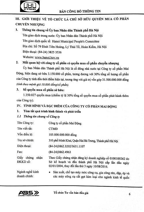 Việc chuyển nhượng quyền mua cổ phần của UBND TP Hà Nội tại Công ty CP Mai Động