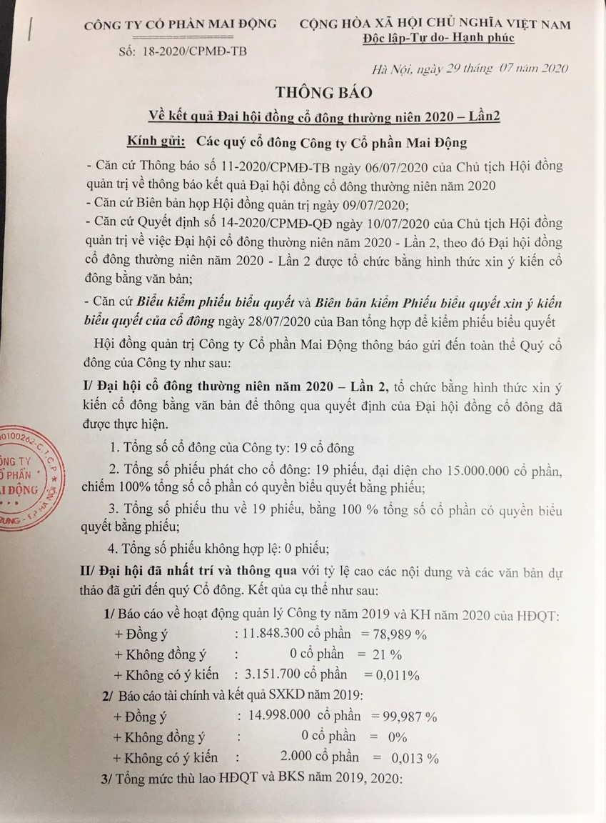 Thông báo về kết quả Đại hội đồng cổ đông thường niên 2020 - lần 2